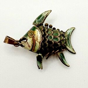 Antique Vintage Enamel Articulated Fish Pendant